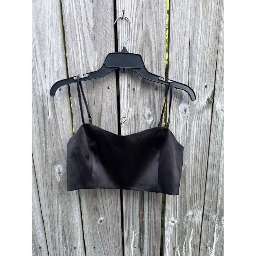Minimalist Chic LOFT Satin Crop Top M Black Smocked Back Zipper Strappy Bodice